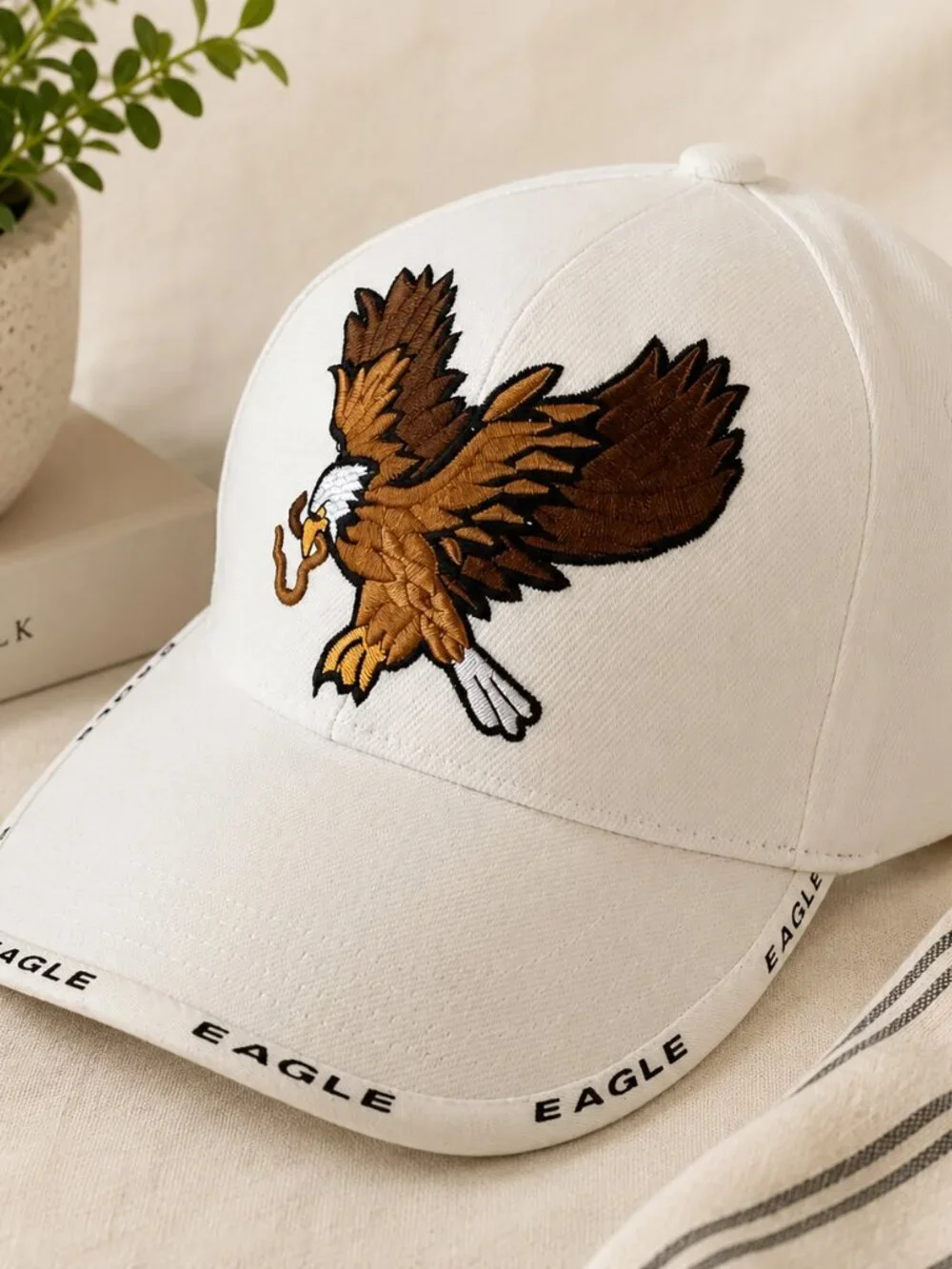 TK Sports Eagle Embroidered Adjustable Baseball Cap White Strapback Hat